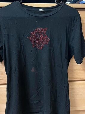 Black Short Sleeve Tee with Red Studded Floral Accent